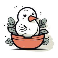 Vector illustration of a cute cartoon bird in a basket of leaves.