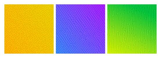 Set of three colorful turing reaction gradient backgrounds. Abstract diffusion pattern with chaotic shapes. Vector illustration.