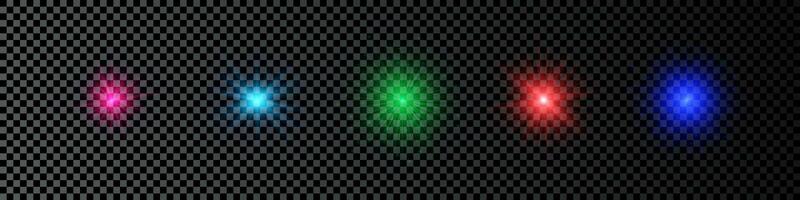 Light effect of lens flares. Set of five multicolor glowing lights starburst effects with sparkles on a dark background. Vector illustration