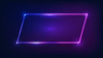 Neon double quadrangle frame with shining effects on dark background. Empty glowing techno backdrop. Vector illustration.