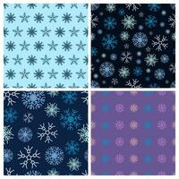 Seamless background with snowflakes. Set of four Christmas and New Year backdrops. Christmas decoration elements. Vector illustration.