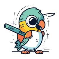 Cute little bird with a baseball bat. Vector illustration in cartoon style.