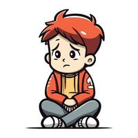 Sad little boy sitting on the floor. Vector illustration in cartoon style.