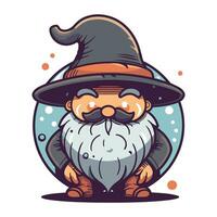 Funny cartoon wizard with long beard and hat. Vector illustration.