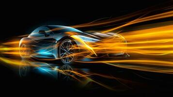 Speeding Sports Car On Neon Highway. Powerful acceleration of a supercar on a night track with colorful lights and trails. 3d render Generative AI photo