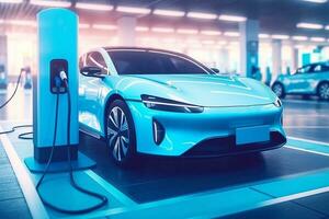 Power cable pump plug in charging power to electric vehicle EV car with modern technology UI control information display, car fueling station connected power cable alternative Generative AI photo