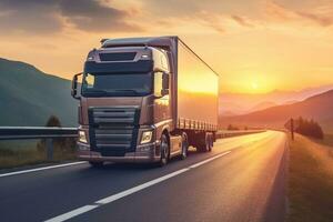 European truck vehicle on motorway with dramatic sunset light. Cargo transportation and supply theme. Generative AI photo