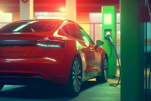 Power cable pump plug in charging power to electric vehicle EV car with modern technology UI control information display, car fueling station connected power cable alternative Generative AI photo