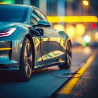 Closeup modern EV Car recharging battery from EV charging machine on black color background, EV Car are a popular new innovation and zeroemission vehicle, green energy for smart life, Generative AI photo