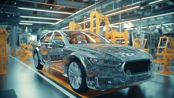 Car design engineers using holographic app in digital tablet. Develop modern innovative hightech cutting edge ecofriendly electric car with sustainable standards. They test the Generative AI photo
