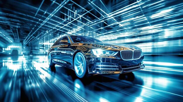 exceso de velocidad Deportes coche en neón carretera. poderoso aceleración de un superdeportivo en un noche pista con vistoso luces y caminos. 3d hacer generativo ai foto