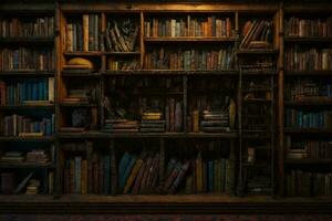 a bookshelf with many old books. AI Generative photo