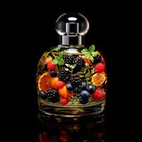 a perfume bottle is filled with different types of berries and fruits. AI Generative photo