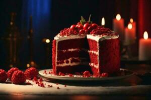 Red velvet cake with fresh strawberries. AI Generative photo