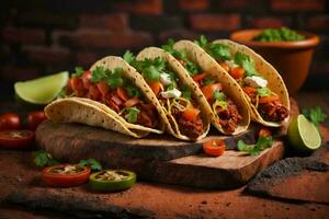 tacos with a rustic red brick background. AI Generative photo