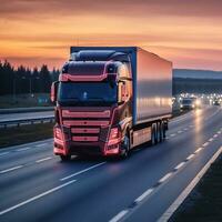 European truck vehicle on motorway with dramatic sunset light. Cargo transportation and supply theme. Generative AI photo