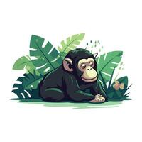 chimpancé sentado en el césped con tropical hojas. vector ilustración