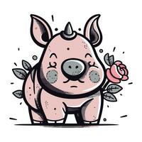 Cute cartoon rhinoceros with flowers. Vector illustration.