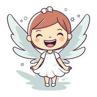Cute little angel girl in white dress with wings. Vector illustration.