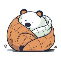 Polar bear sleeping in a basket. Cute cartoon vector illustration.