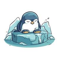 Cute penguin sitting on a piece of ice. Vector illustration.