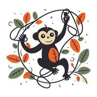Cute monkey with leaves. Vector illustration in doodle style.