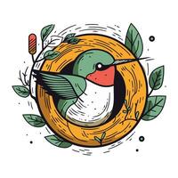 Vector hand drawn illustration of a bird in a nest with leaves.