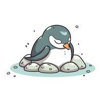 Cute penguin sitting on a rock. Vector cartoon illustration.