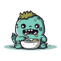 Funny cartoon monster eating a bowl of food. Vector illustration.