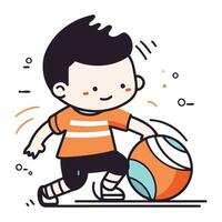 Cute little boy playing with ball. Vector illustration in linear style.