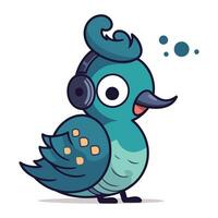 linda azul pájaro con auriculares escuchando a música. vector ilustración.