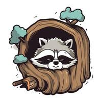 Raccoon in a hole in a tree. Vector illustration.