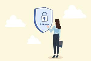 smart business woman Protect access to company information, touch to unlock, success business key, maintain security, Vector illustration.