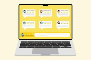 Customer reviews and feedback online,Reviews and feedback are given to businesses online by users using laptops, User reviews concept, Customer feedback concept, business Vector illustration.