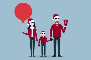 Happy family in Christmas Day,Husband holds a gift and holds his son's hand, wife holds a red balloon, xmas, Christmas person, Illustrations vector. vector