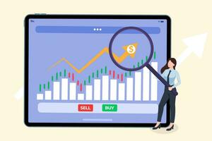 Business woman sell stock by tablet, Stocks market graph chart on tablet screen, Trading candlestick chart on electronic devices, Global stock exchanges index, Forex trading concept, Trading strategy vector