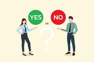 Business decision yes or no,right or wrong,true or false, correct and incorrect, businessman and businesswoman making decision. Vector illustration.