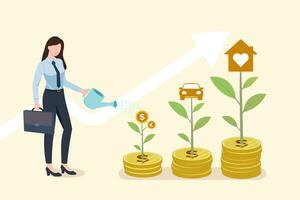 Finance and Investment Concepts Saving money, business woman is holding a watering can from small to large seedlings, A tree with coins, car, and house. business vector illustration.