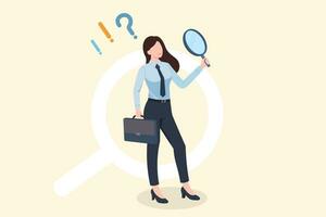 business woman holding magnifying glass observe data with question mark , investigate, Observation, examination, Business Forecasting, search for new opportunity, business vector illustration.