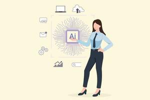 ai tecnología artificial inteligencia, negocio mujer utilizando el futuro tecnología ai, global Internet conectar charla bot, charla con ai, utilizando mando rápido para genera algo, vector ilustración.