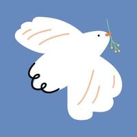 creativo mano dibujado para niños dibujos animados ilustración de un blanco pájaro participación un flor en sus boca vector