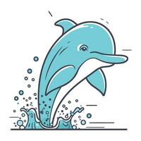 Dolphin jumping out of water. Vector illustration in line style.