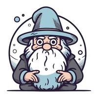 Cartoon illustration of a wizard with a magic hat and beard. vector