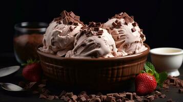 a close up of Chocolate ice cream with chocolate topping in a bowl on black background Generative AI photo