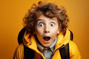 A photo of Surprised curly boy in yellow jacket and backpack on yellow background back to school day concept Generative AI