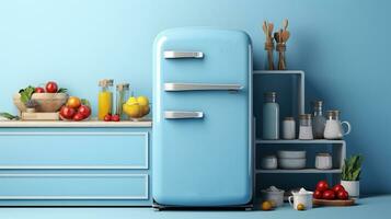 azul refrigerador en un azul antecedentes con ventisquero. 3d representación profundo congelador, refrigerador generativo ai foto