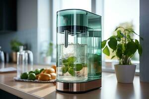 Water dispenser with fresh mint on table in kitchen, closeup Generative AI photo