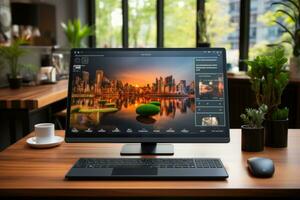 A picture of Modern computer screen with blank screen and coffee cup on wooden table in office Generative AI photo