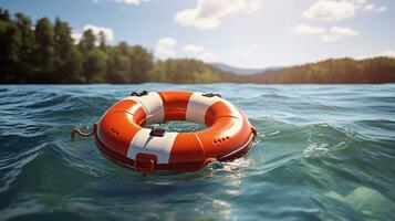 Lifebuoy floating in the sea on a sunny summer day safe concept. Generative AI photo