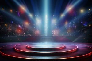 Stage with red carpet and spotlights, Stage Podium Scene Spotlights illuminate the stage Lighting equipment Stage Spotlight background Generative AI photo